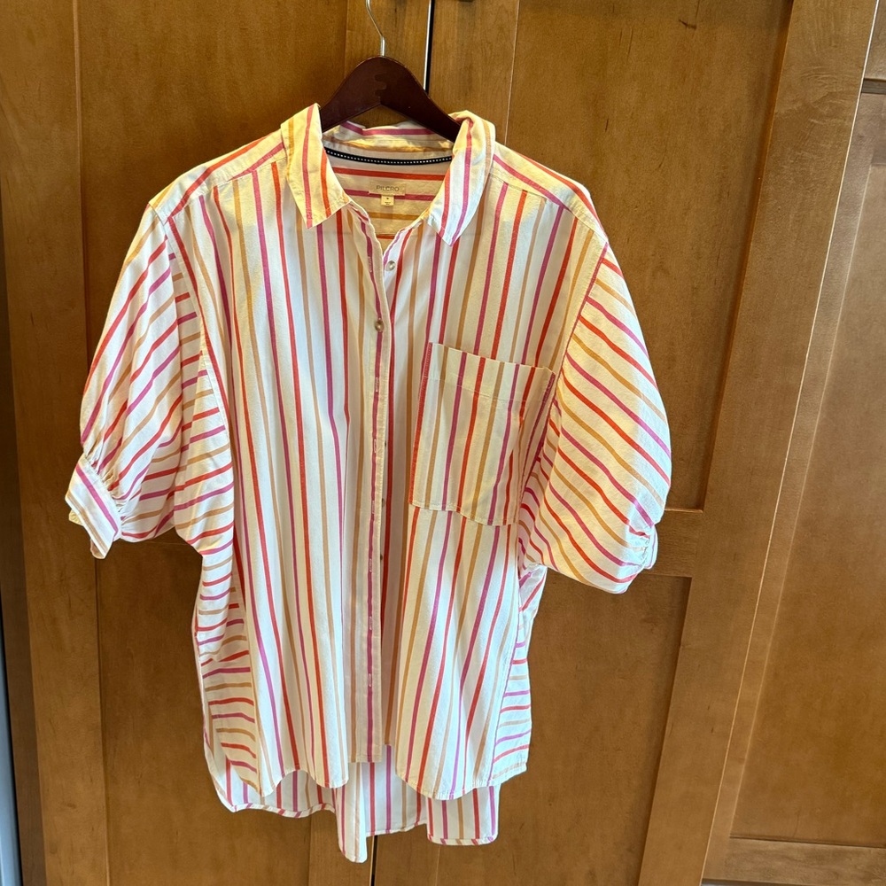 Anthropologie Oversized Striped Button Down Shirt | Pink Yellow Spring  Blouse M